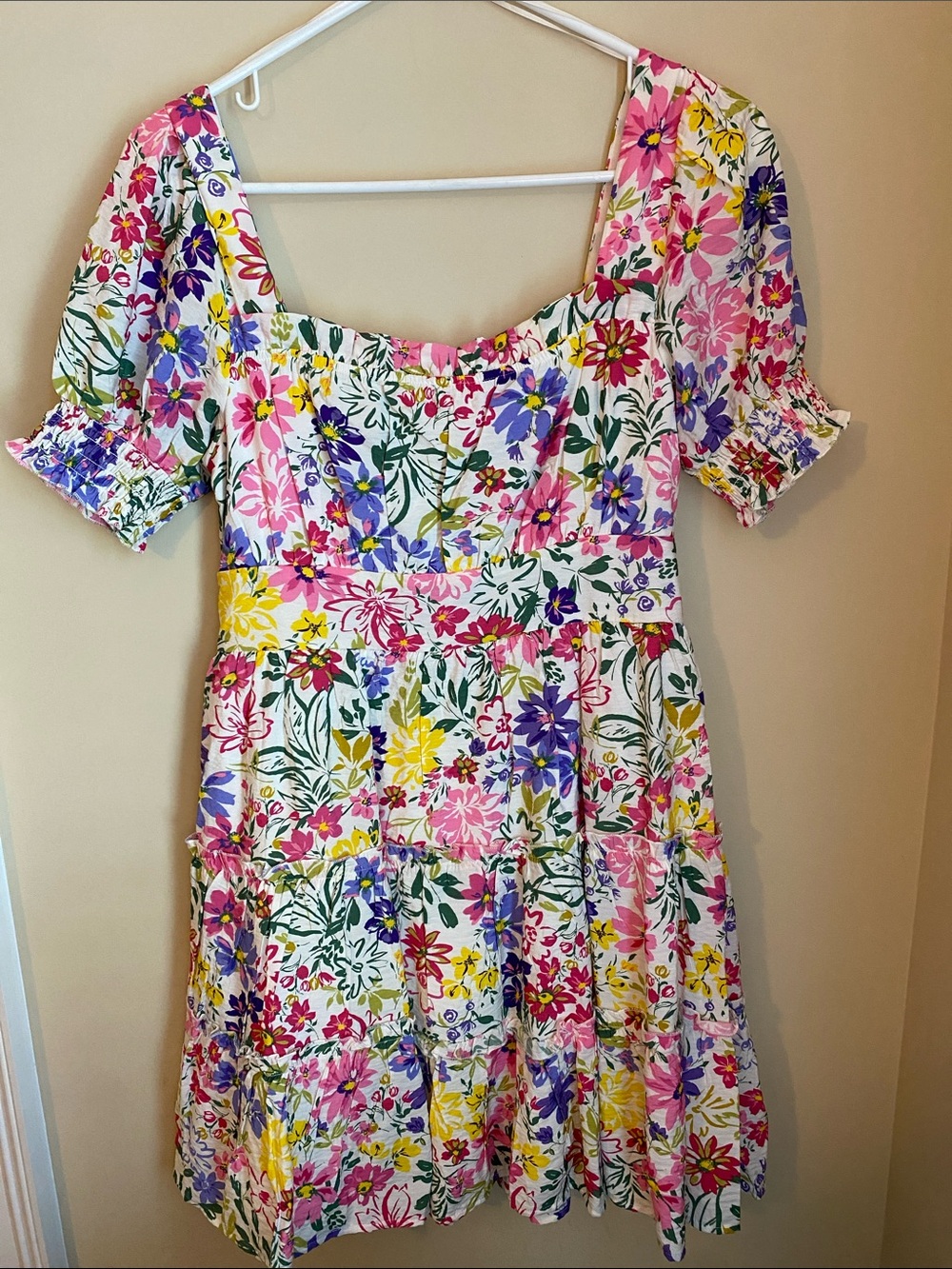 T.J.Maxx White Floral Mini Dress with Pink, Yellow & Purple Flowers